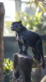 Black Jaguar Perched on Log in Natural Habitat