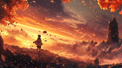Fiery anime wanderer gazes across a blazing sunset realm.