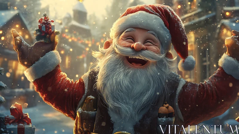 Joyful Santa celebrates a snowy, glowing Christmas street