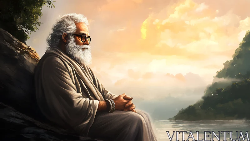 Gentle sage rests by a glowing river at peaceful sunrise