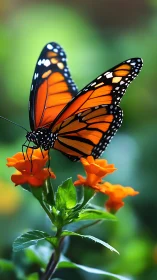 Monarch butterfly poised on vivid orange garden blooms.
