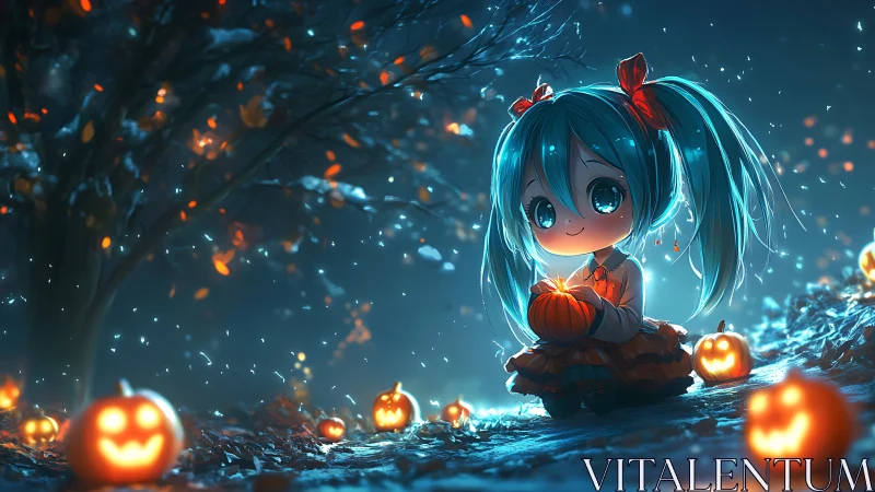 Tiny blue haired witch enjoying a glowing pumpkin night.