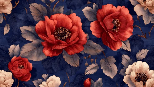 Red Peonies on Navy Floral Pattern.