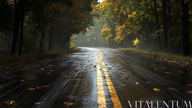Serene Road Through Autumn Forest Bathed in Golden Light
