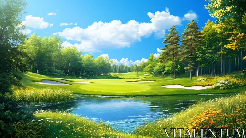 Sunlit golf fairway extends beyond reflective water hazard