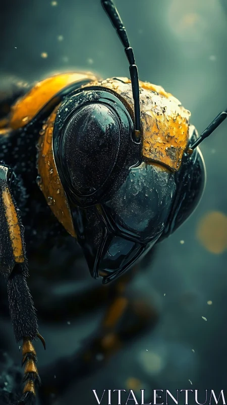 Macro photorealistic hornet portrait with dewy exoskeleton.