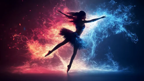 Fire and ice ballet dancer in luminous midair motion.