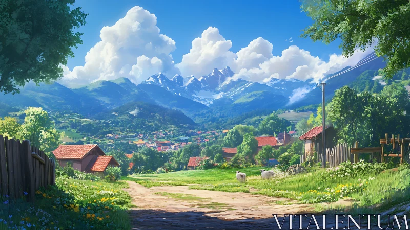 Sunny rural village road with mountains and clouds beyond.