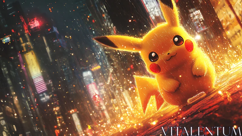 Neon-lit Pikachu rendered in cinematic cyberpunk rainscape