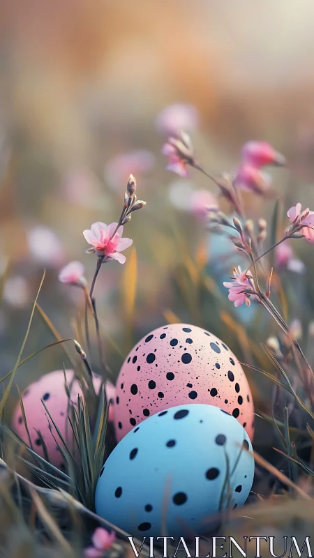 Speckled pastel eggs resting among soft spring flowers.