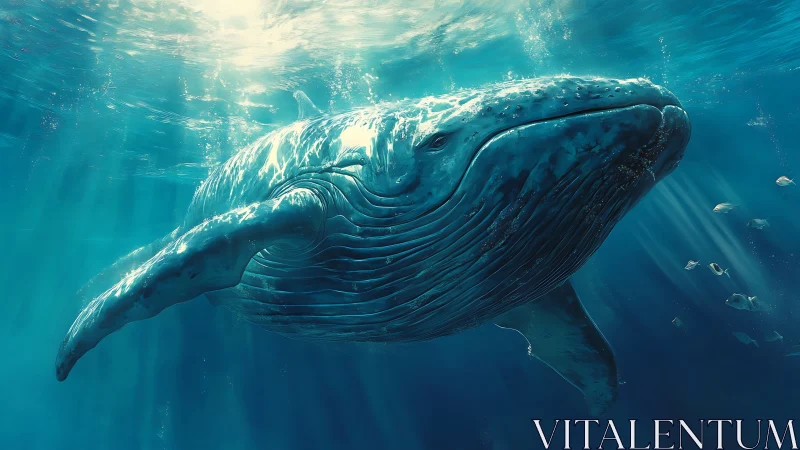 Sunlit giant whale drifting through sapphire underwater skies.
