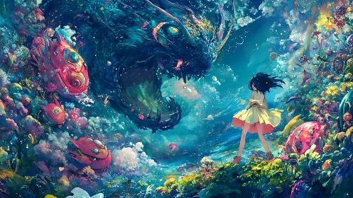 Girl confronting massive sea dragon in vivid fantasy scene.