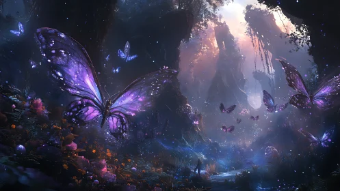 Luminescent purple butterflies drift through a misty forest