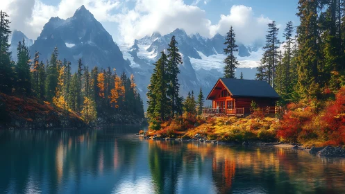 Cozy red lakeside cabin cradled by bright autumn mountains.