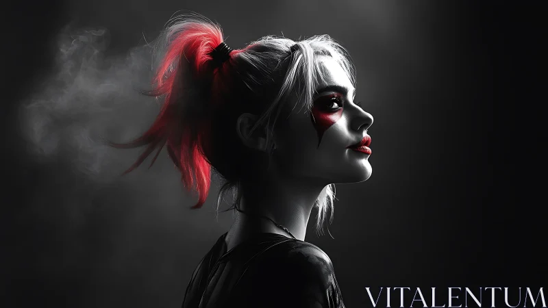 Smoke-kissed jester queen in monochrome spotlight drama.