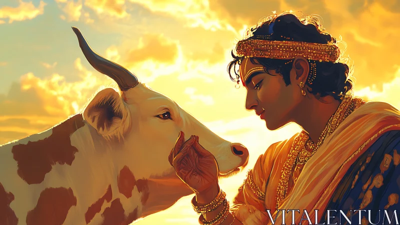 Human figure and cow rendered against illuminated sky