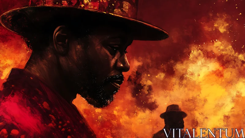 Side-lit portrait in red-orange inferno with distant silhouetted figure