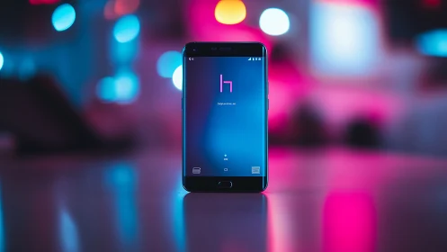 Sleek smartphone glowing softly in dreamy neon colors.