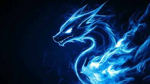 Luminescent blue plasma dragon silhouette on black void
