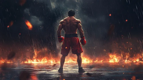 Muscular Boxer in Ring Rain with Inferno Lighting and Pyrotechnic Effects