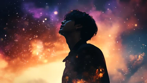 Soft stargazer wrapped in glowing cosmic twilight clouds.