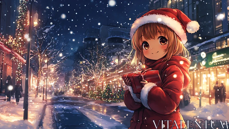 Snowlit gift bearer wandering through a cozy winter avenue.