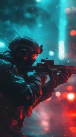 Tactical operator in neon bicolor volumetric rainfall field.
