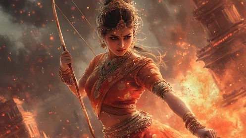 Warrior goddess in burning temple with dynamic orange light.