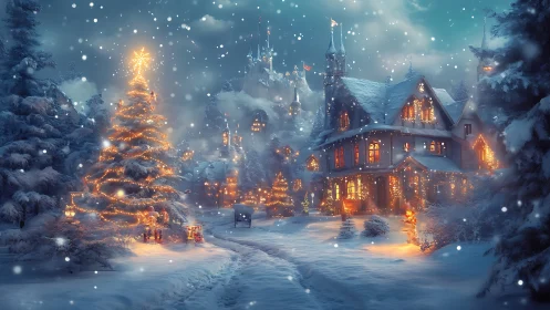 Snowy Christmas village glows with warm festive lights