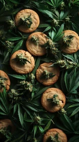 Cannabis cookies rest on dense bed of fresh marijuana leaves