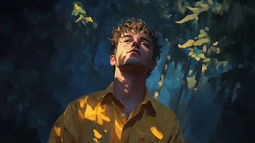 Young man in dappled forest light rendered as digital painting