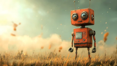 Rusty orange robot standing alone in soft sunset field.