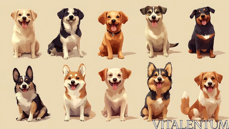 Grid of stylized seated dogs rendered with soft vector shading