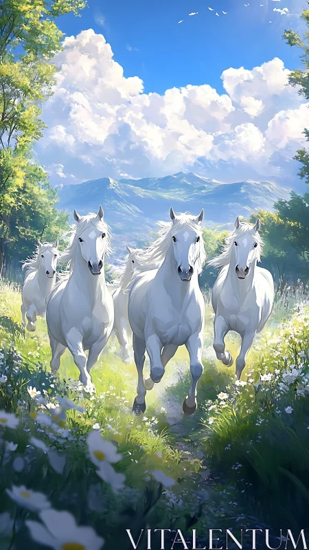 Dynamic white horses galloping through sunlit meadow with atmospheric depth