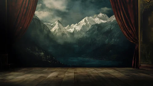 Stage curtains reveal misty alpine mountains at dusk.