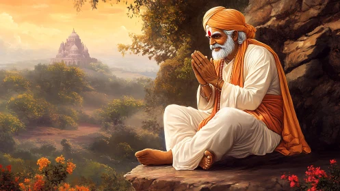 Elderly Hindu sage prays in saffron robes before distant temple