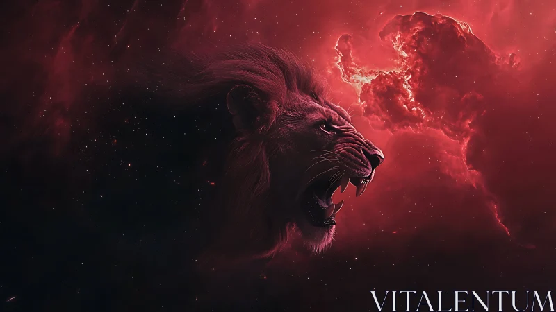 Celestial lion roars within a blood-red cosmic storm.