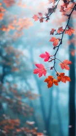 Crimson maple leaves glow against soft blue forest haze.