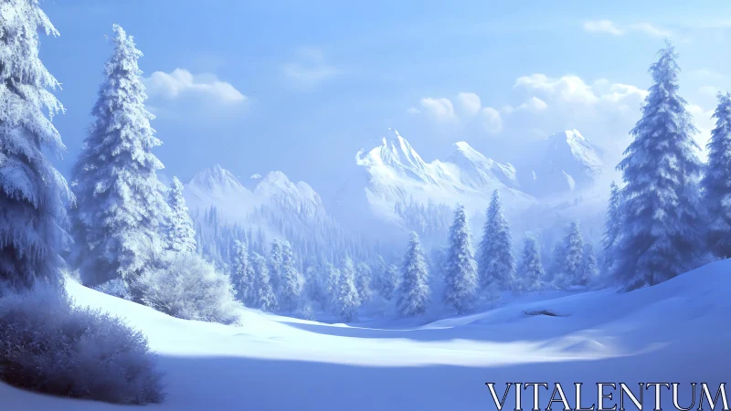 Radiant alpine conifer forest under diffuse winter illumination.