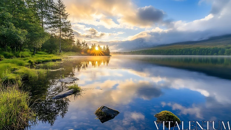 Golden sunrise gently awakens a calm forest lake scene