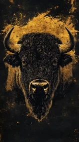 Buffalo portrait emerges from bold gold splatter backdrop.