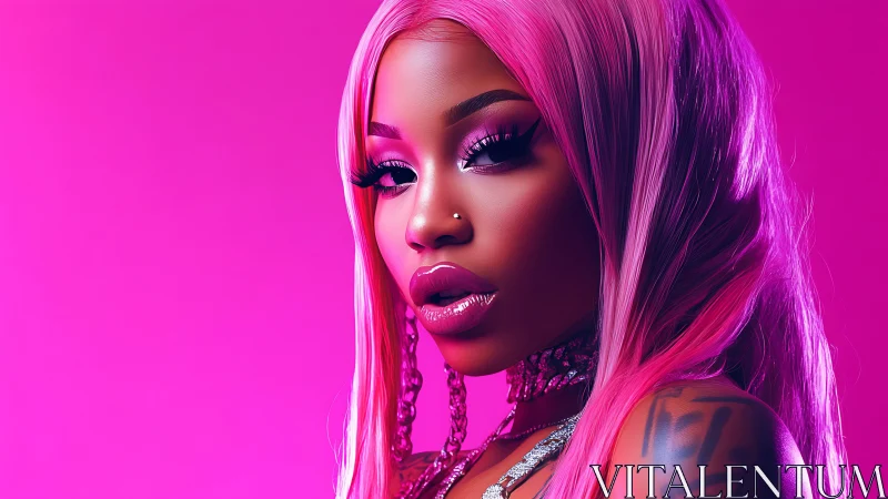 Vibrant pink-haired portrait radiates neon glamour and confidence.