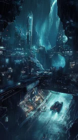 Neon rain carves an underworld canyon of future light