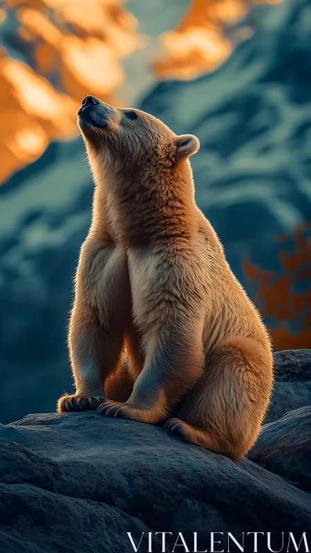 Golden-lit polar bear gazes upward on rugged rocky outcrop.