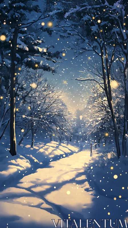Snow covered forest path under evening sky with lights.