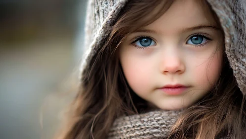 Young Girl with Striking Blue Eyes in Cozy Knit Wear