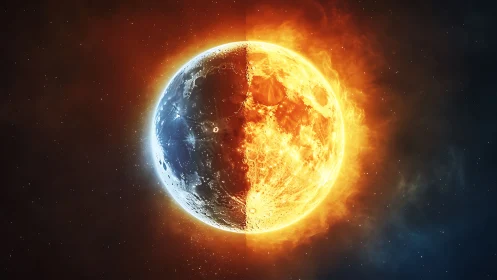 Planet of fire and frost split by a cosmic razor line.