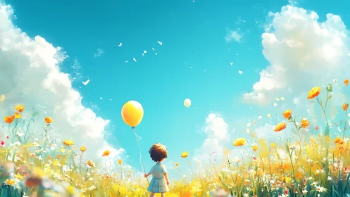 Child with yellow balloon in bright wildflower meadow sky.