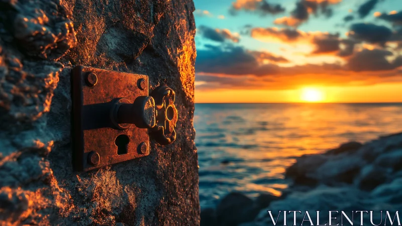 Rusty wall keyhole against vivid ocean sunset horizon.
