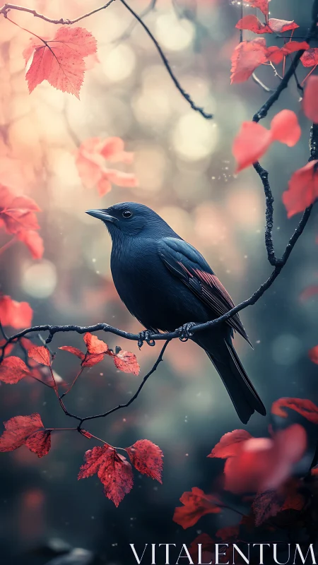 Dark plumage bird on branch amid red autumn foliage.
